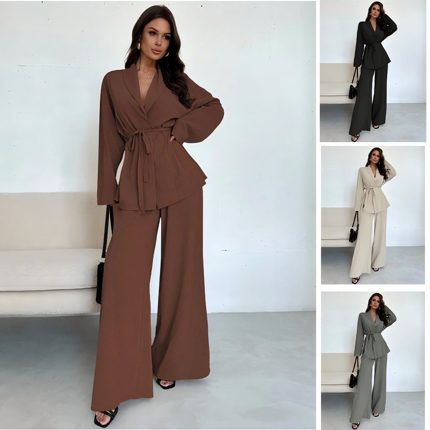 V-neck Women's Temperament Long Sleeve Elegant Wide-leg Pants Suit