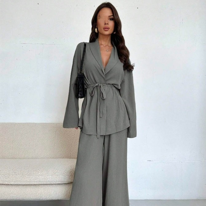 V-neck Women's Temperament Long Sleeve Elegant Wide-leg Pants Suit