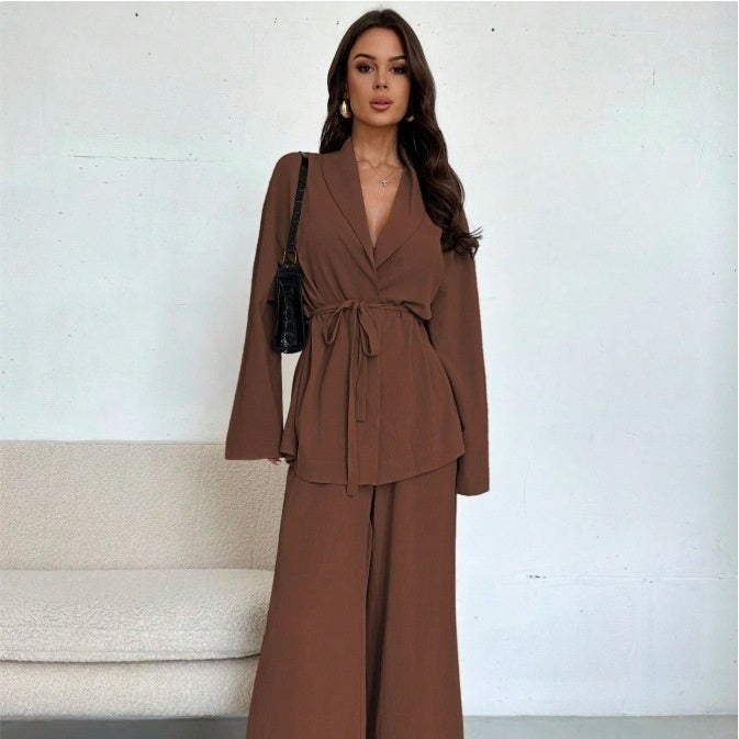 V-neck Women's Temperament Long Sleeve Elegant Wide-leg Pants Suit