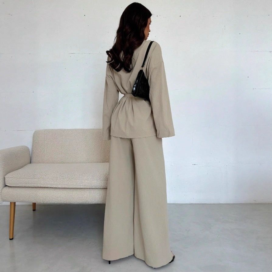 V-neck Women's Temperament Long Sleeve Elegant Wide-leg Pants Suit