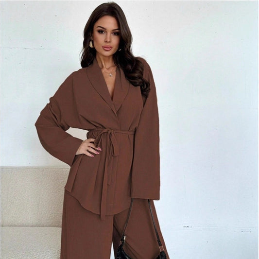 V-neck Women's Temperament Long Sleeve Elegant Wide-leg Pants Suit