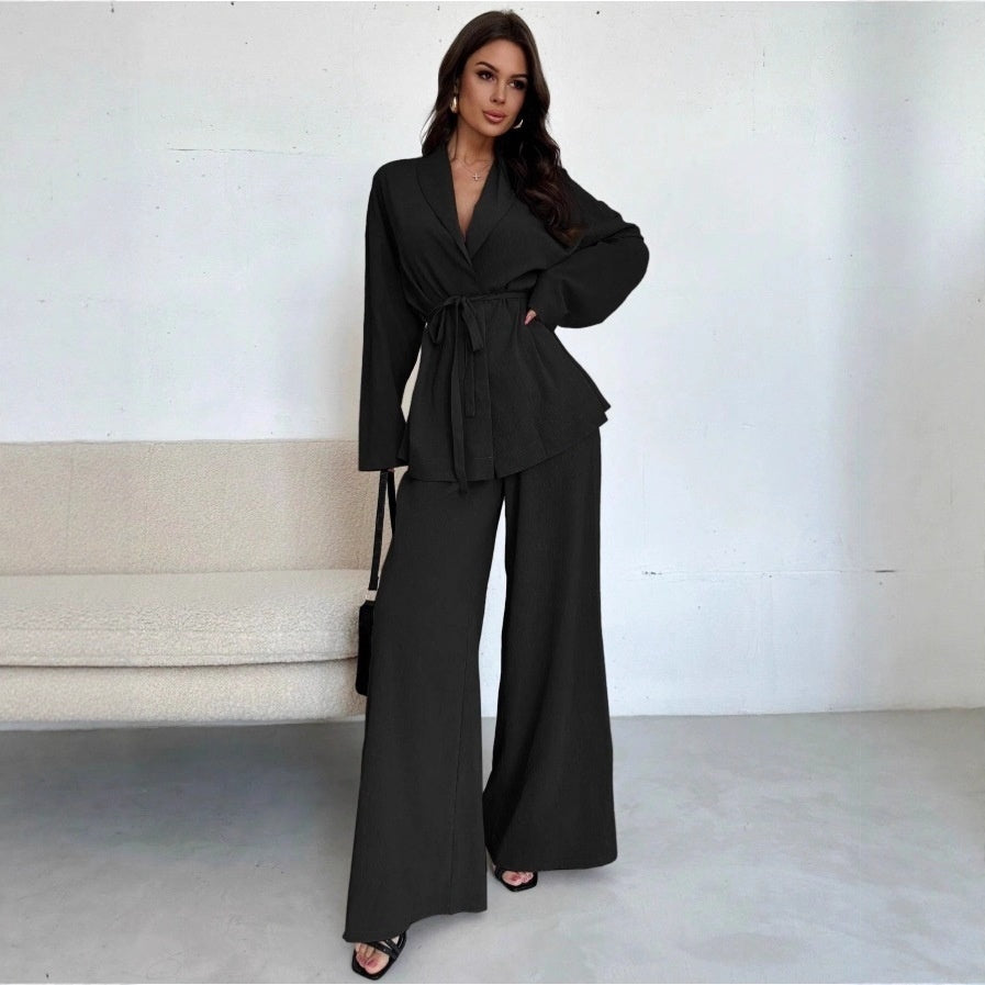 V-neck Women's Temperament Long Sleeve Elegant Wide-leg Pants Suit